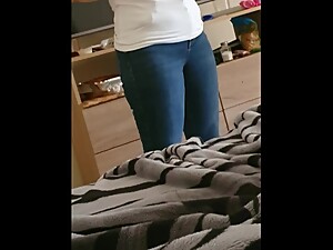 Step mom in tight jeans take off blouse flashing big tits to step son