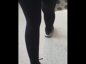 Step mom doesn't wear panties under leggings in supermarket